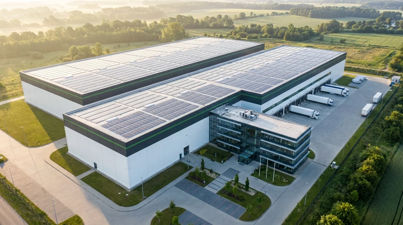 Assembly and run-off floor of the solar module production line manufacturer: two white workshops with rooftop photovoltaic arrays, a landscaped green band and a glazed office block along the front