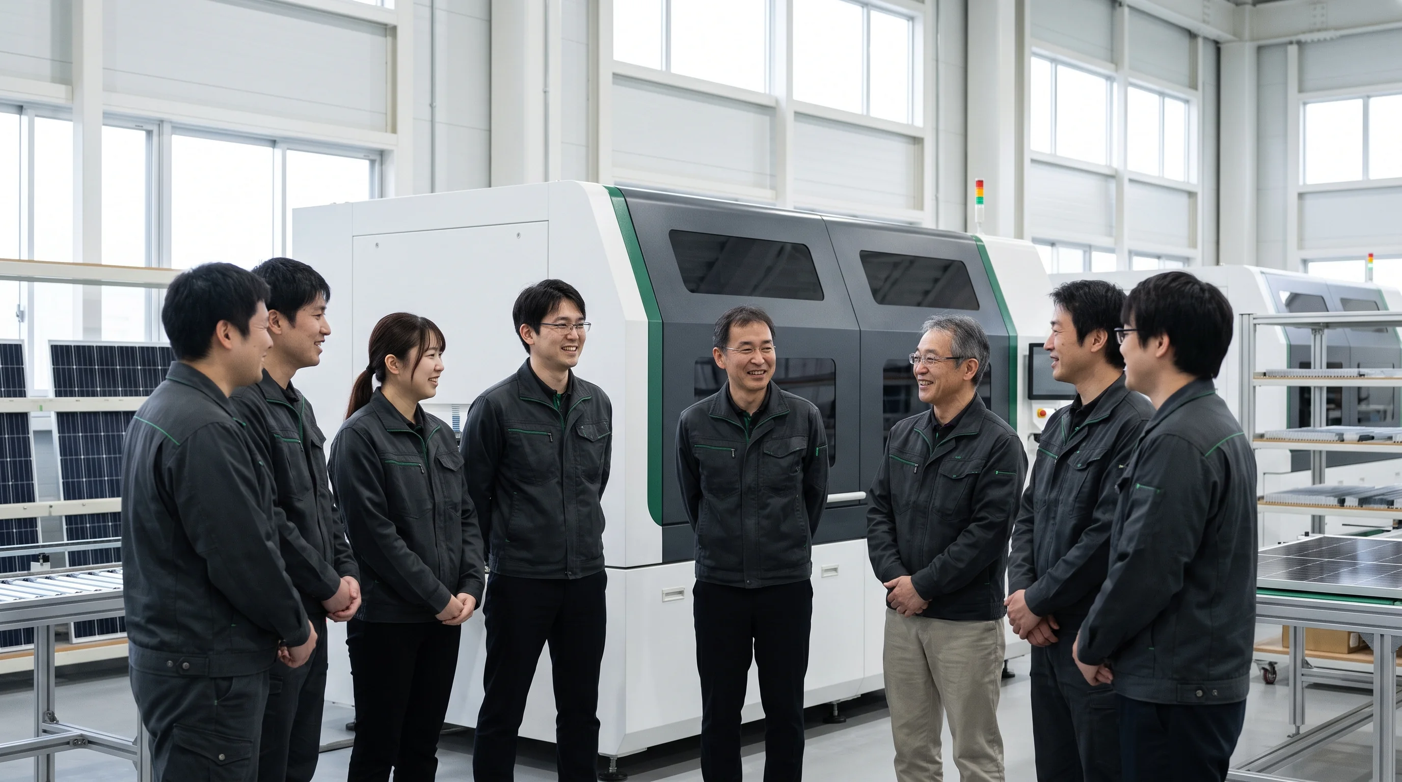 Engineering team of the solar module production line manufacturer on the final assembly floor in front of a tabber-stringer awaiting run-off
