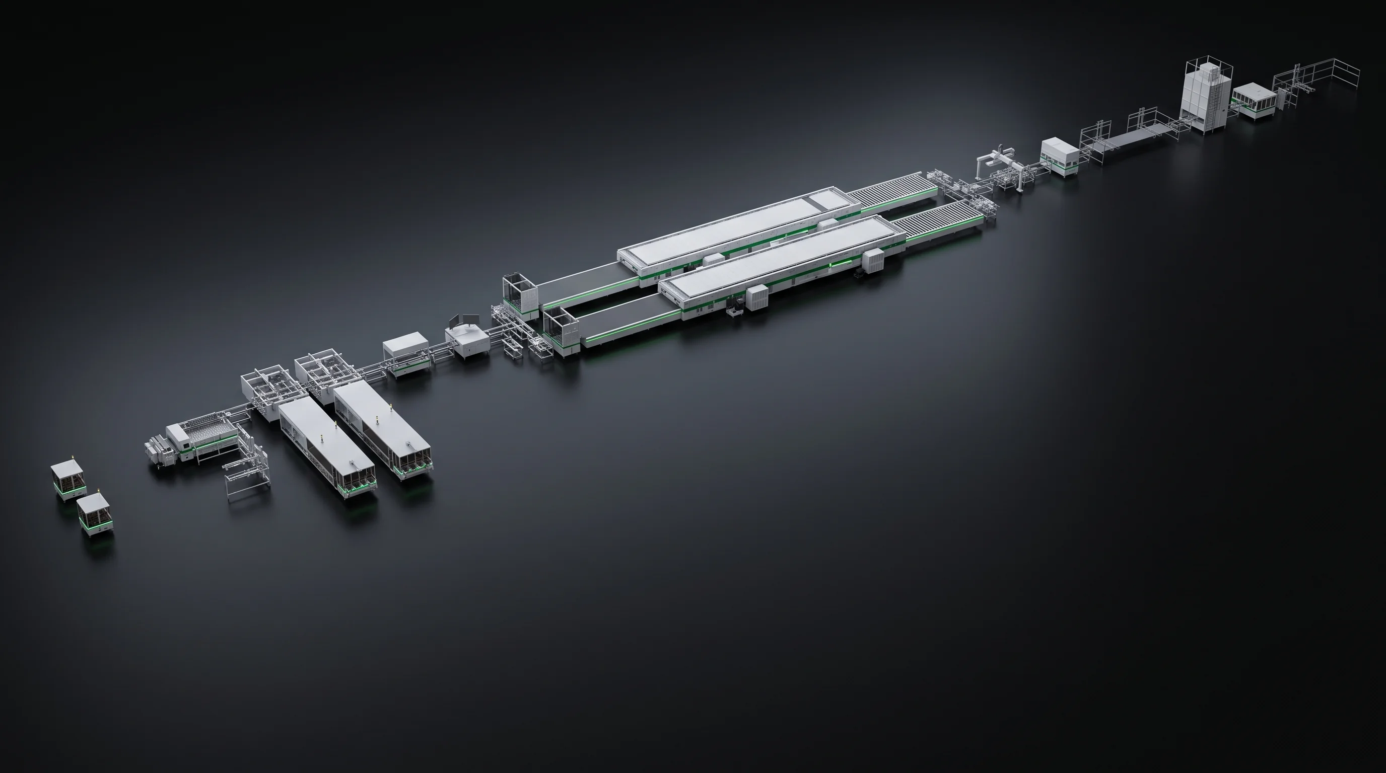 Solar module production line machines in array: scribers, stringers and layup stations on a dark studio floor
