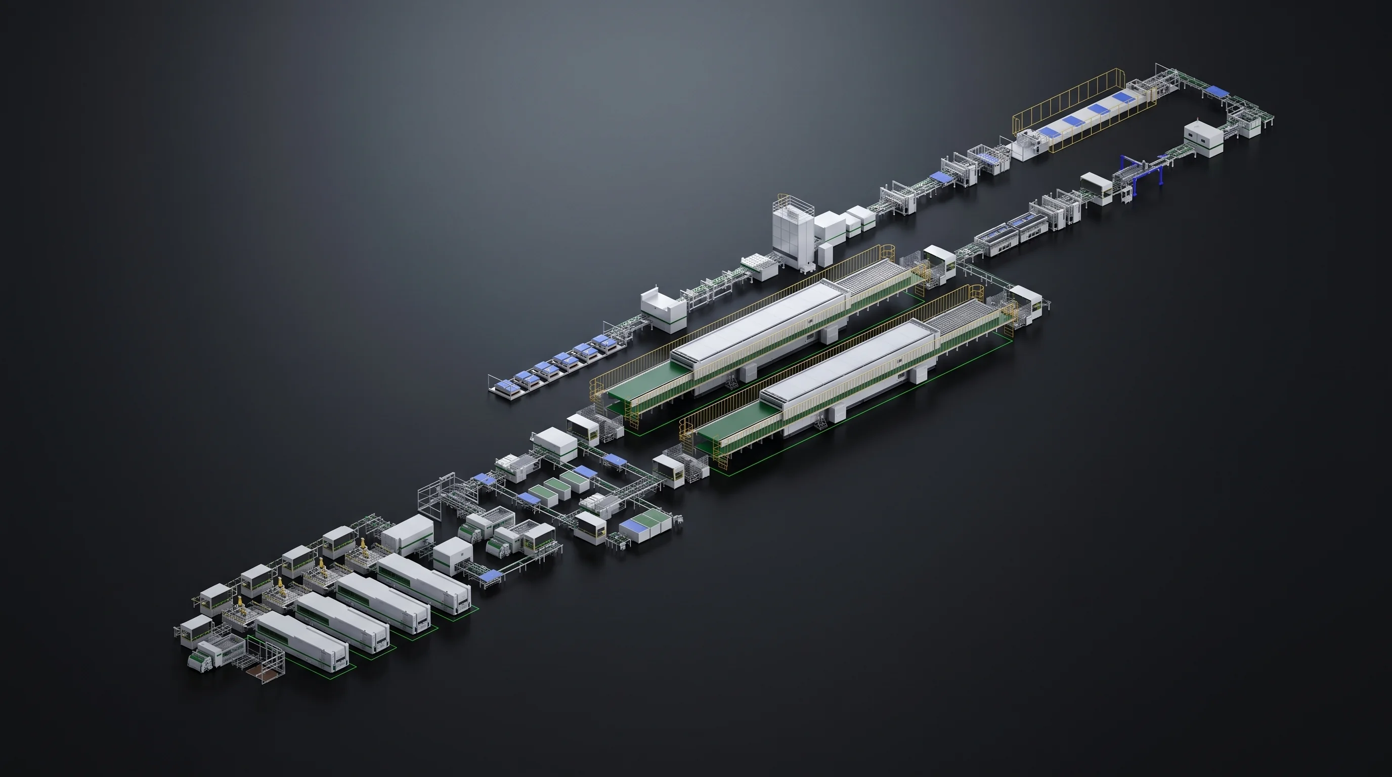 Straight solar module production line layout for a new plant, scribing to frame marking in one run