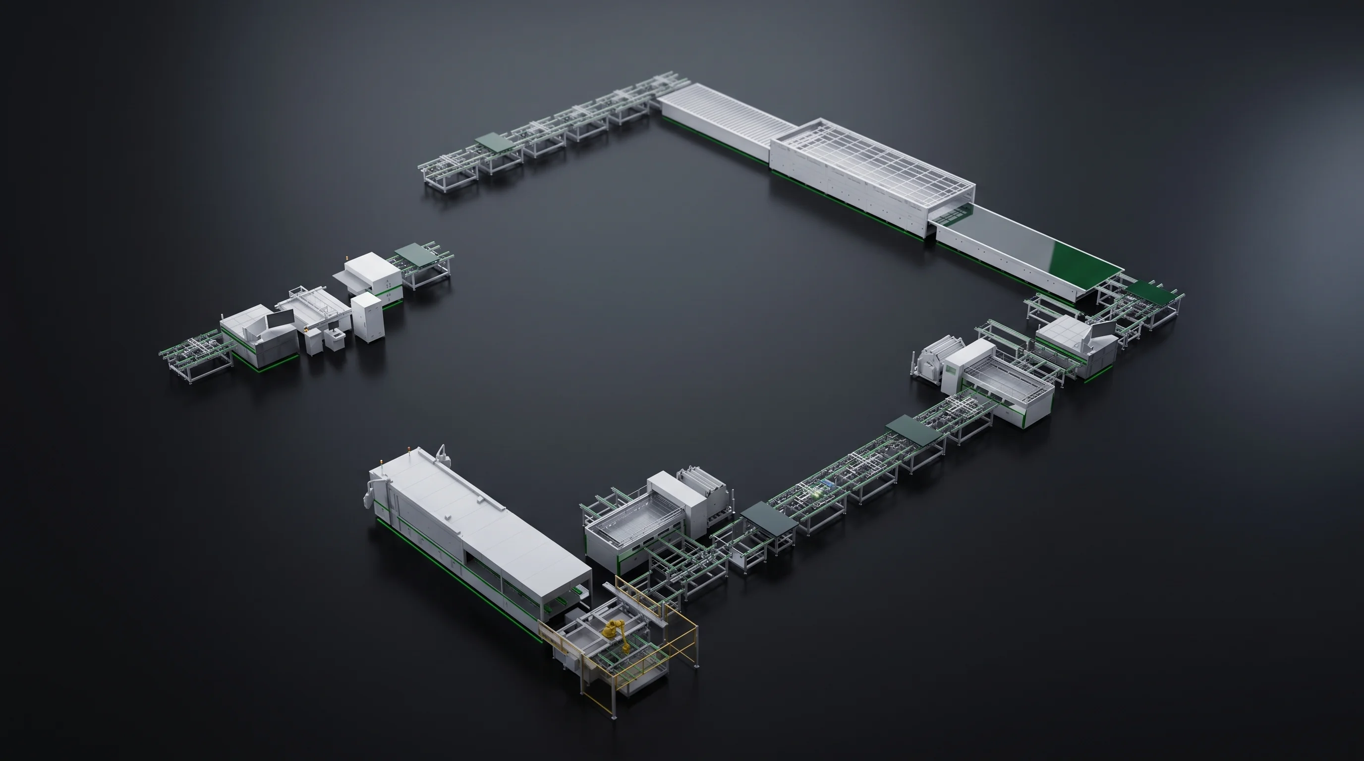 U-shaped solar module production line layout for a new plant, station list matched to the building