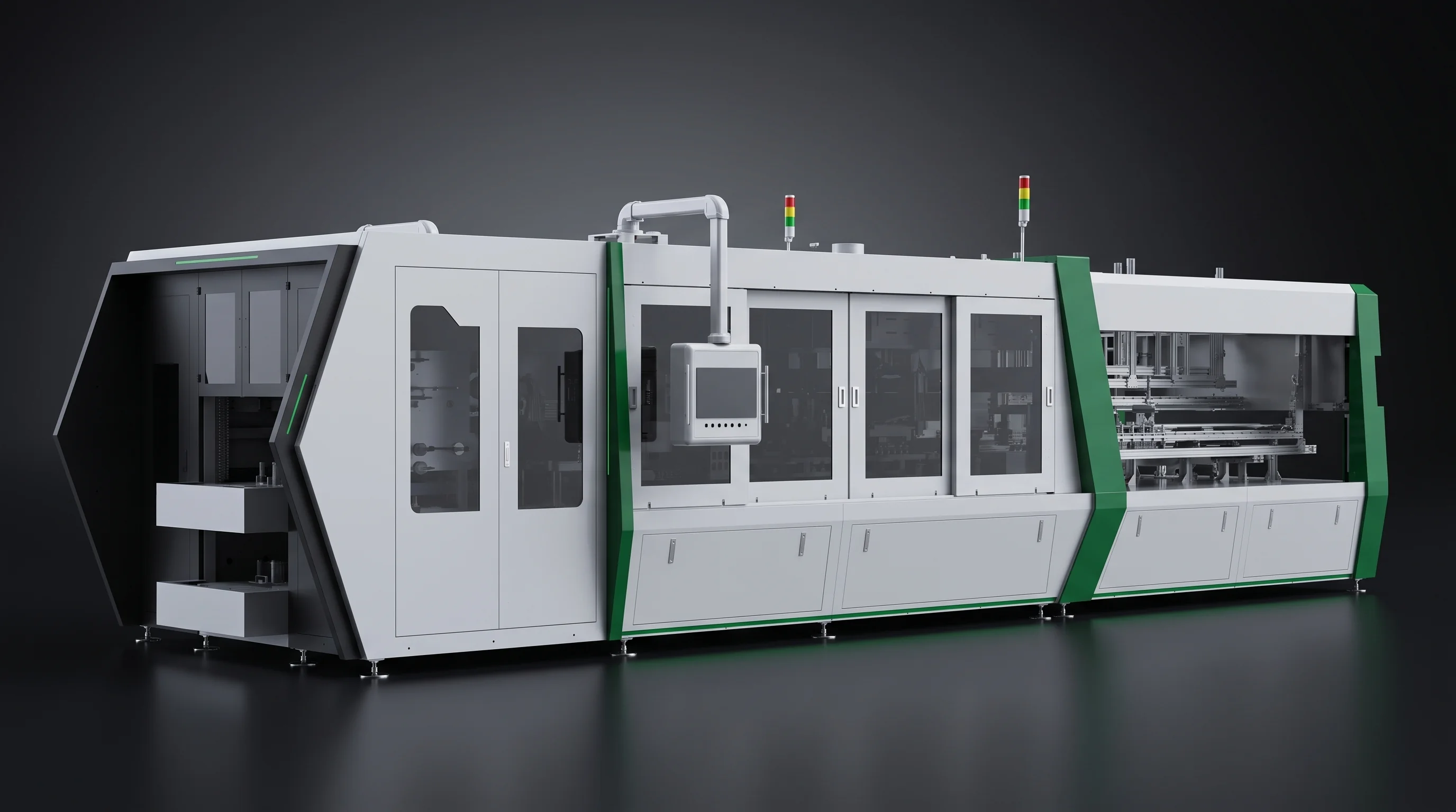 High-speed stringer specified as a single replacement station inside a running module line