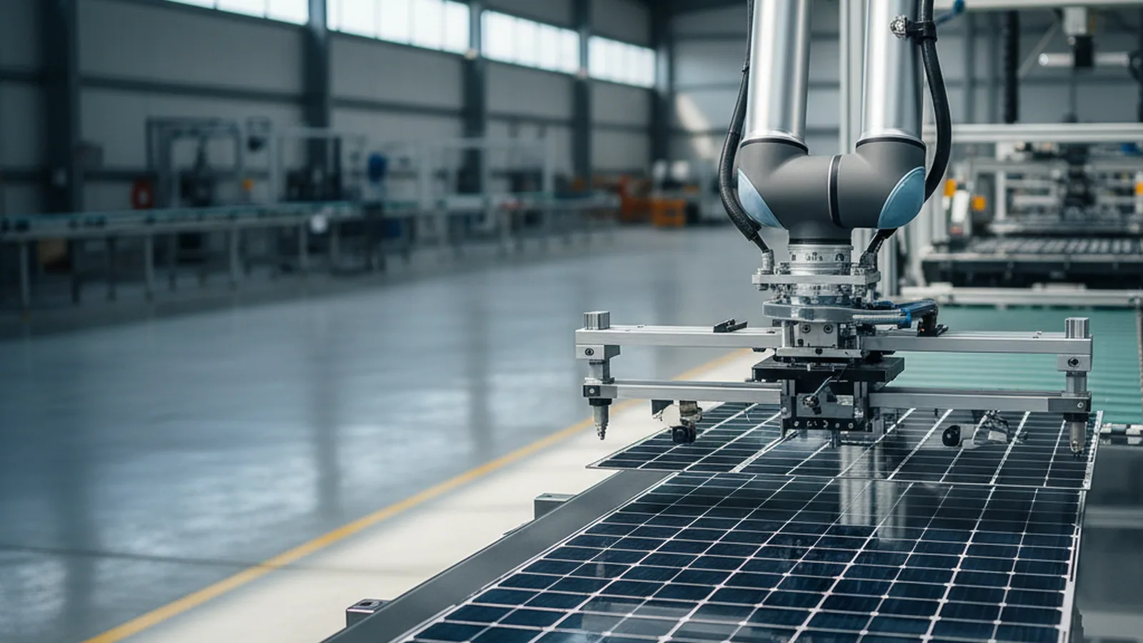 SML-A6 robotic layup arm placing a welded string onto module glass on a crystalline-silicon line