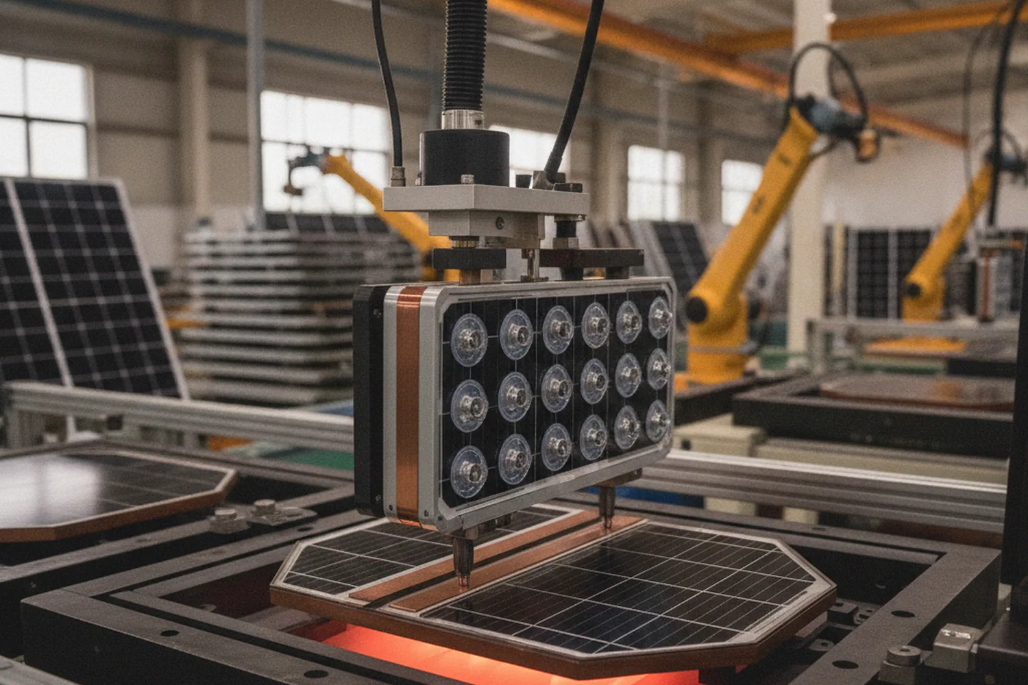 SML-S15 welding: fluxed ribbon on the busbar pad under infrared heat, cell carried by the transfer module