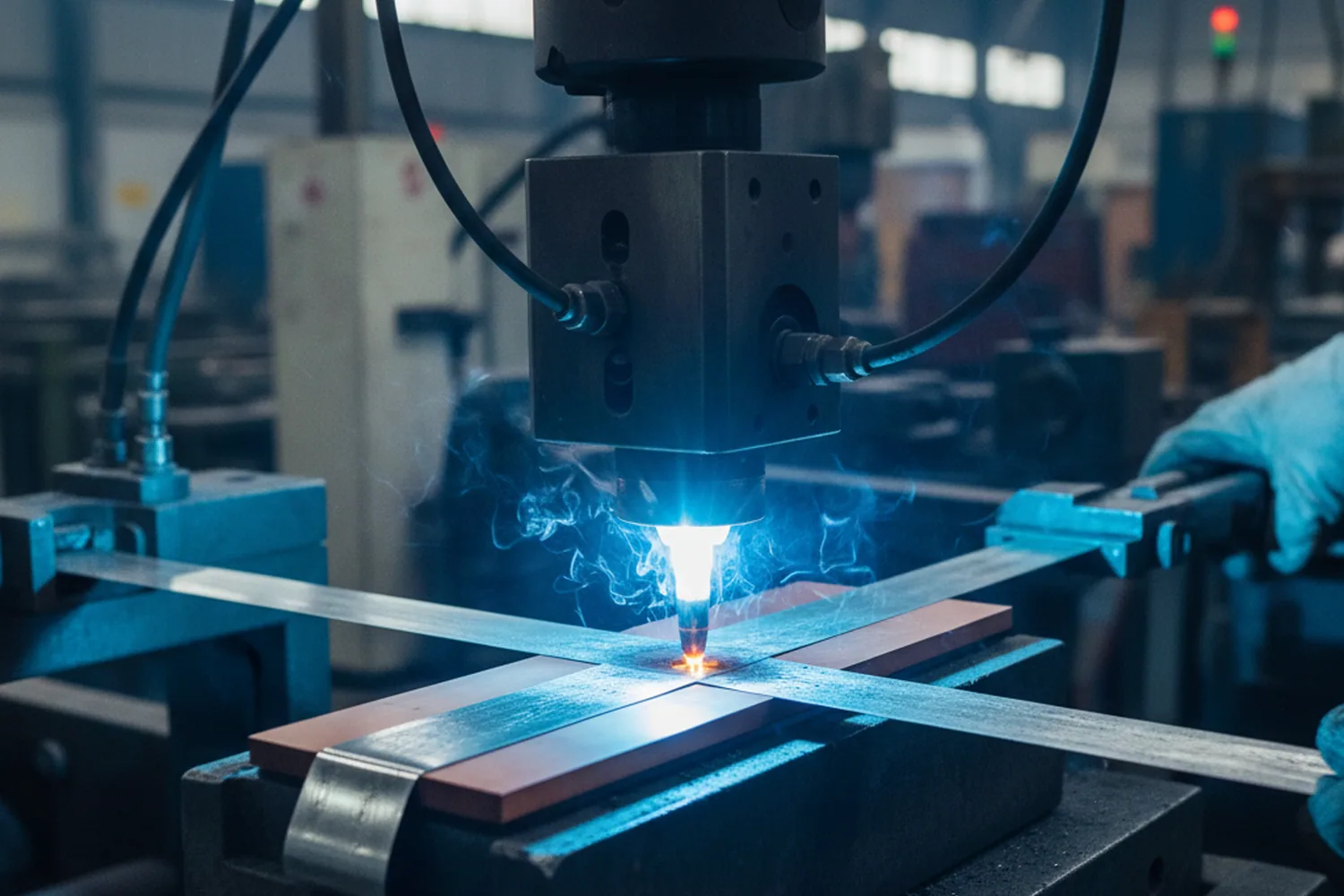 SML-S40 welding: fluxed ribbon pressed flat to the busbar pad under infrared heat